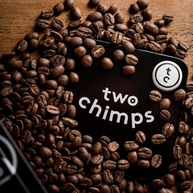 coffee beans and Two Chimps logo
