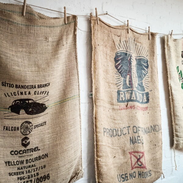 Hessian coffee sacks hanging on a wall