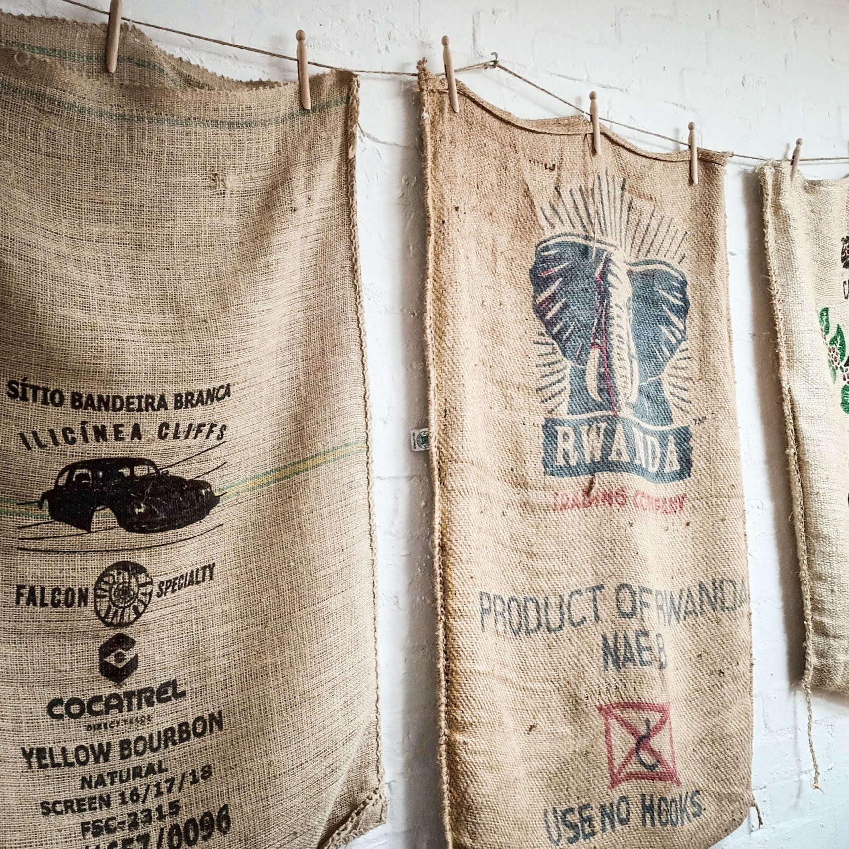 Hessian coffee sacks hanging on a wall