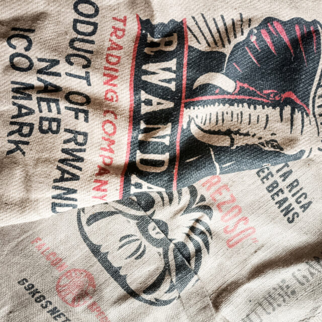 close up of two coffee hessian sacks
