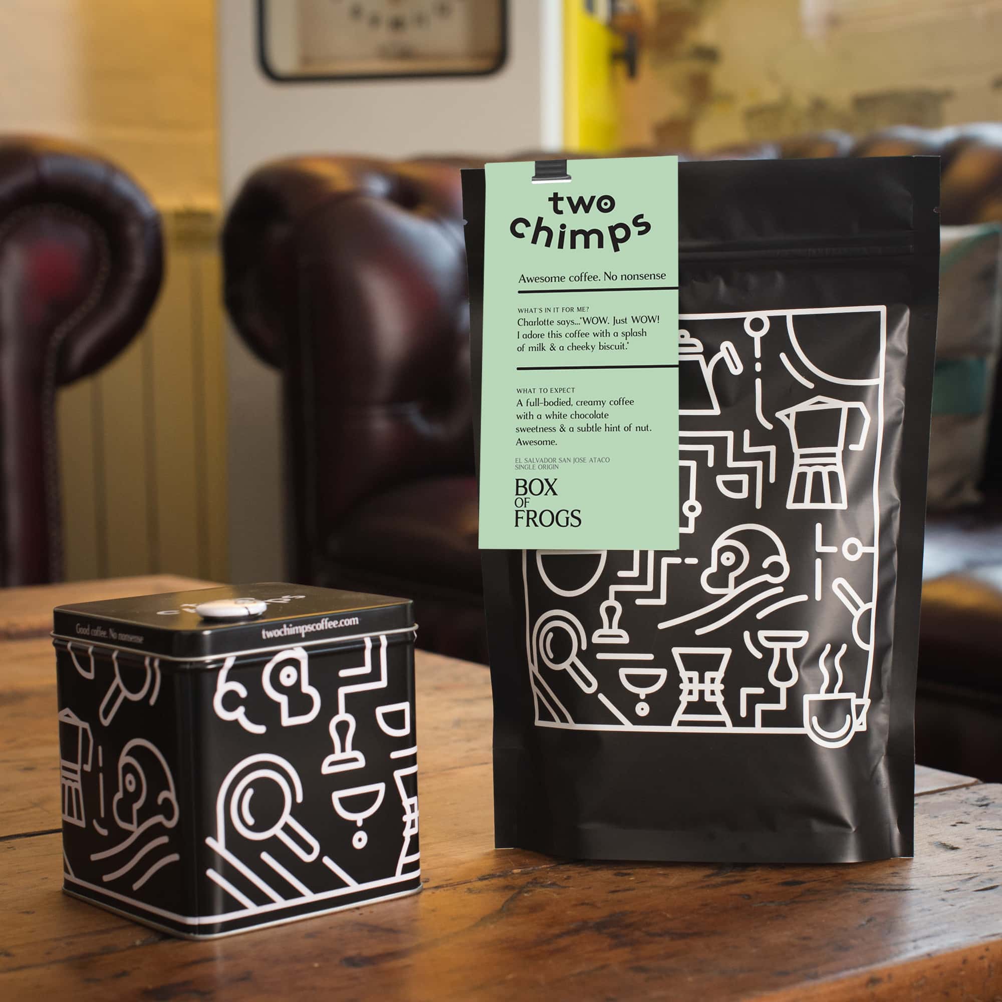 bag and tin of two chimps coffee