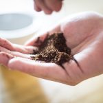 A hand lifts a small handful of fine coffee grounds with a white bowl in the background