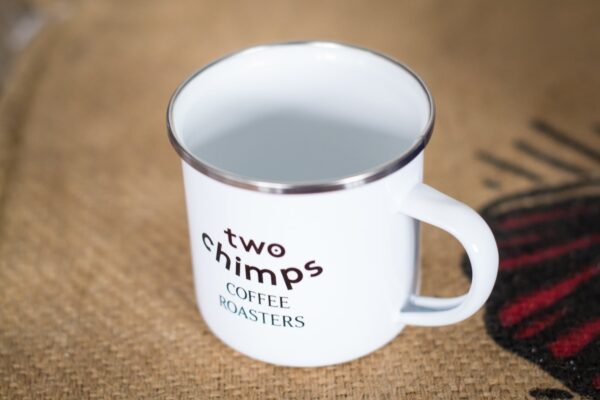 two chimps coffee enamel mug front design