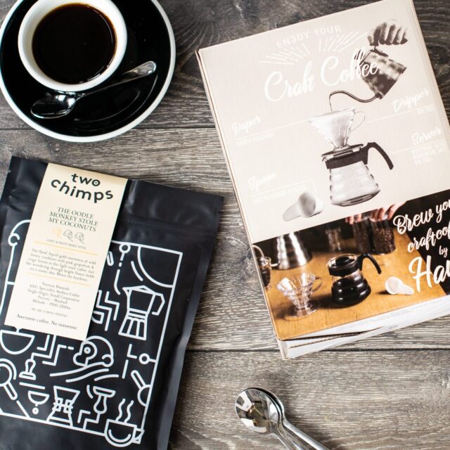 Two Chimps coffee with V60 set and cup of black coffee