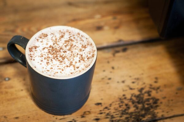 hot chocolate in a blue mug