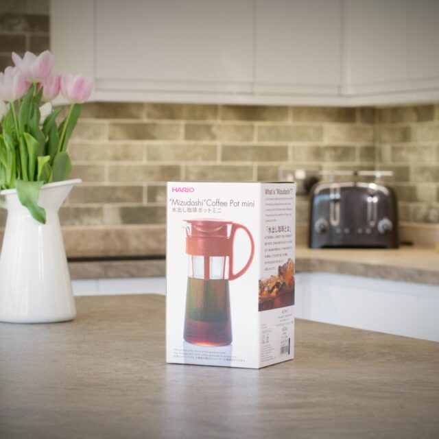 boxed red hario mizudashi cold brew coffee pot on kitchen worktop