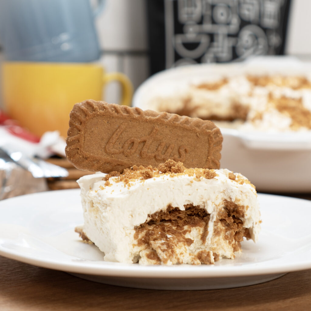 Slice of Biscoff Tiramisu on Plate