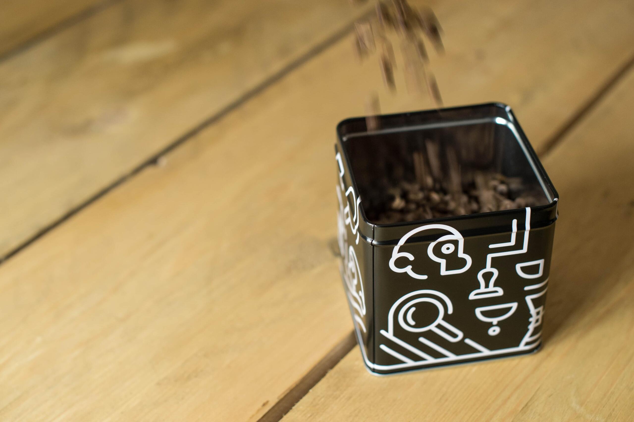 Coffee beans in Two Chimps tin