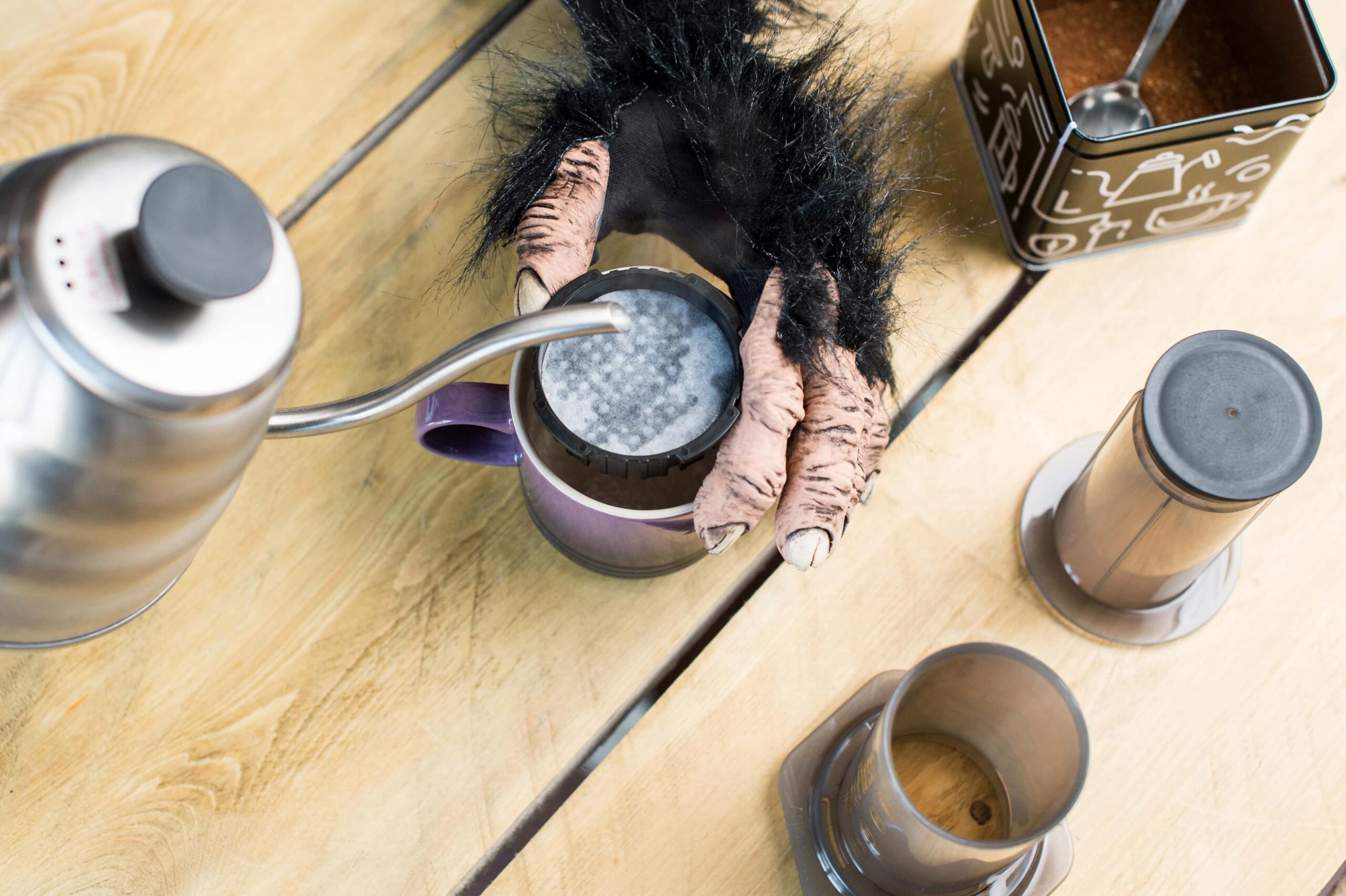 Pouring water from a swan neck kettle to wet a filter