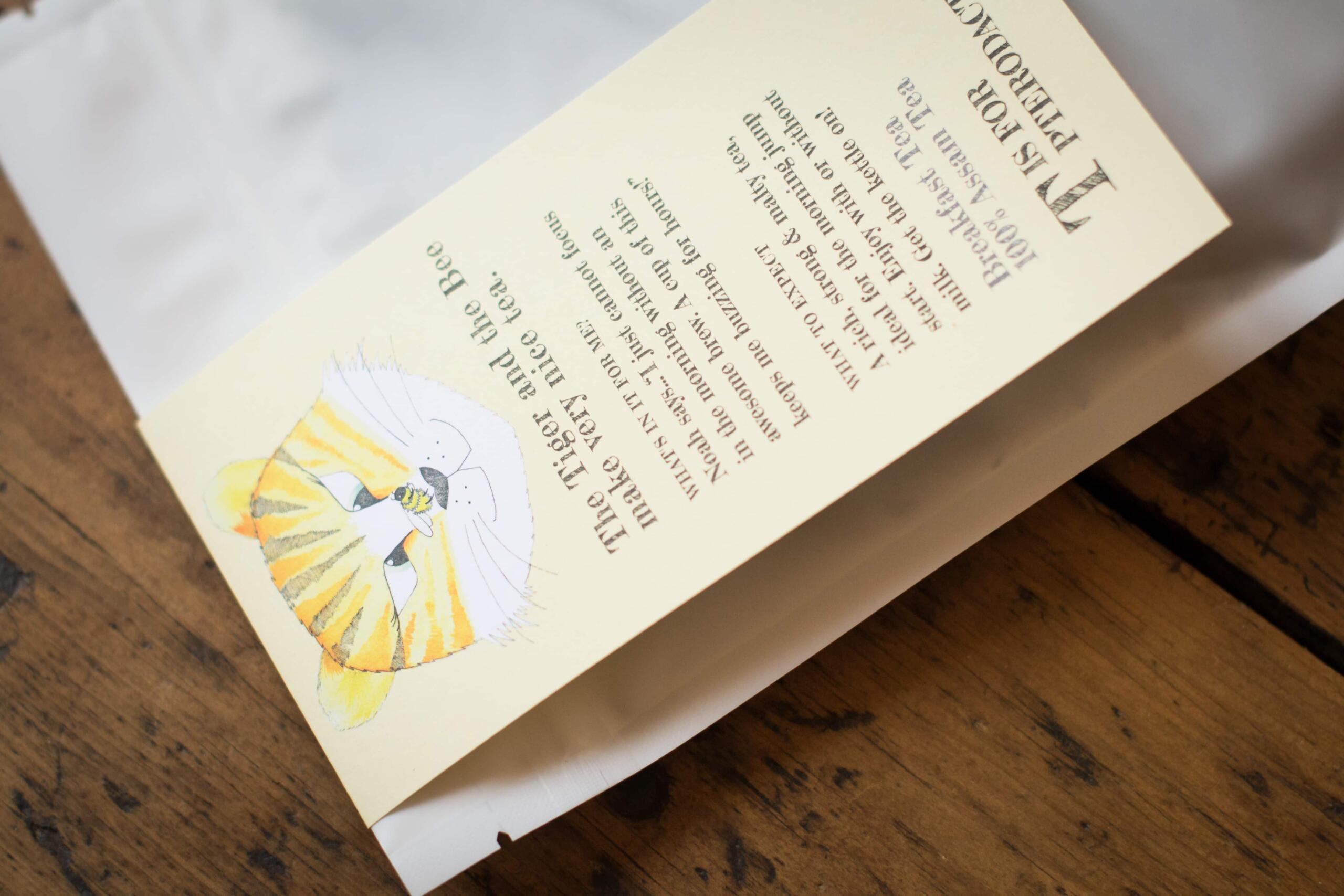 Two Chimps English breakfast tea label on a table at an angle 