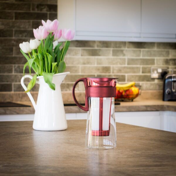 unboxed red mizudashi cold brew coffee pot on kitchen worktop
