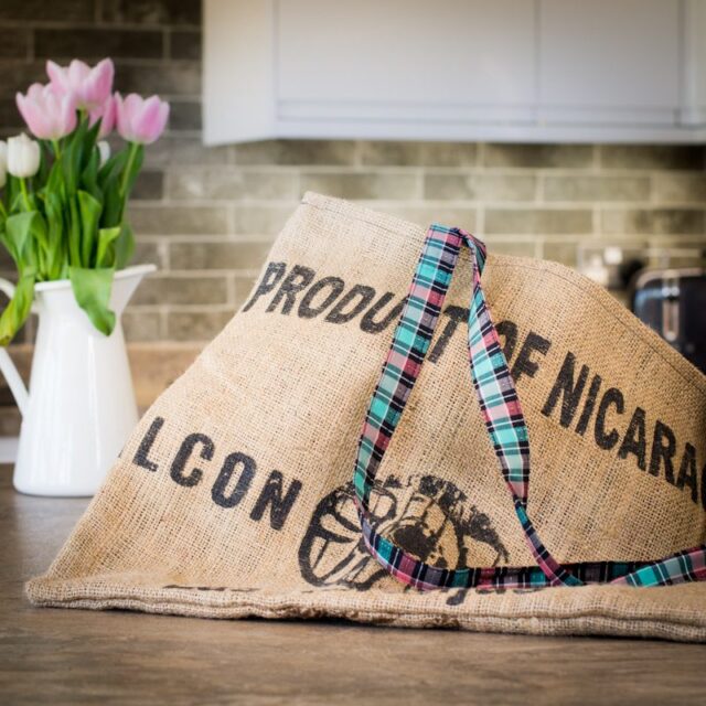 upcyled hessian coffee bag on kitchen worktop