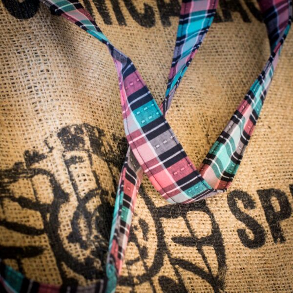 close up of hessian up cycled coffee bag