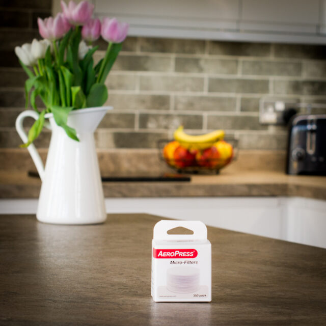 Boxed Aeropress micro filters on kitchen worktop available to purchase from the Two Chimps online shop