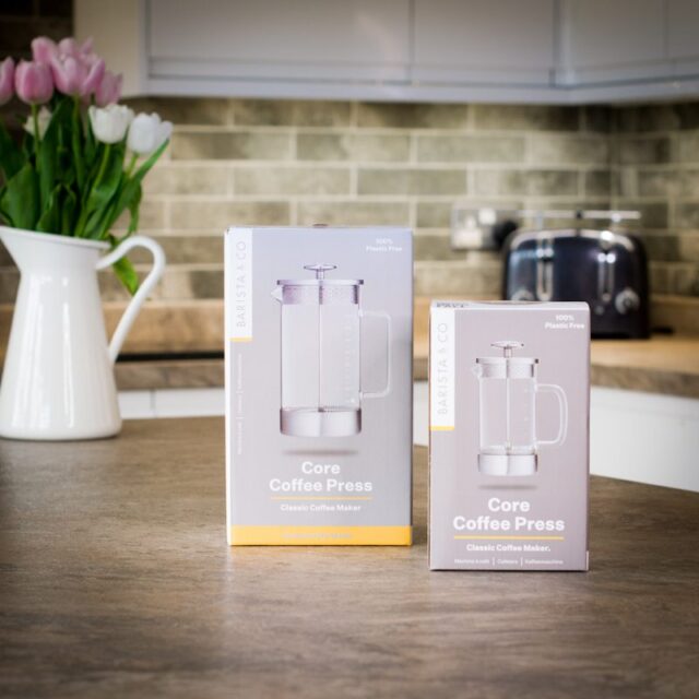 two different sized boxed cafetieres on a kitchen worktop