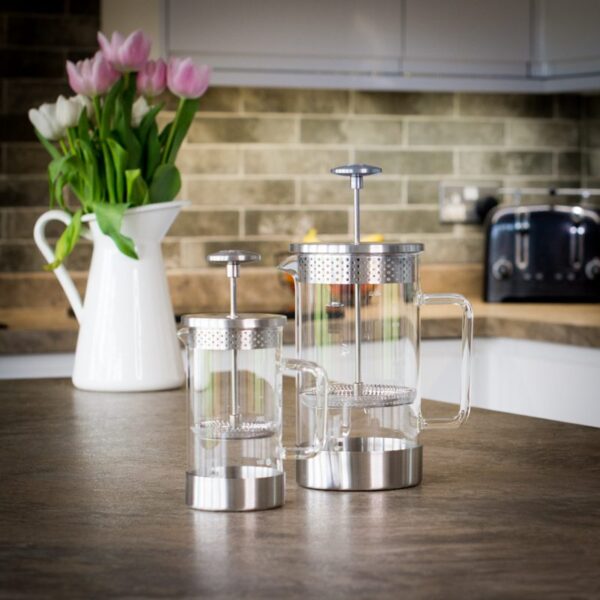 two unboxed cafetieres in different sizes on kitchen worktop