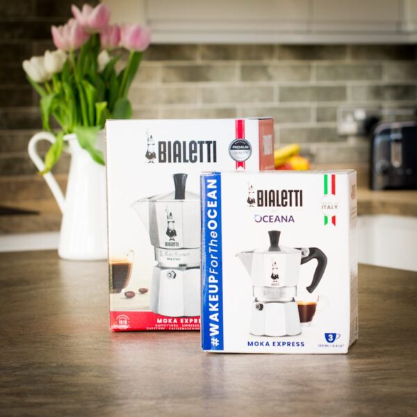 two boxed bialetti express moka pots in different sizes on kitchen worktop