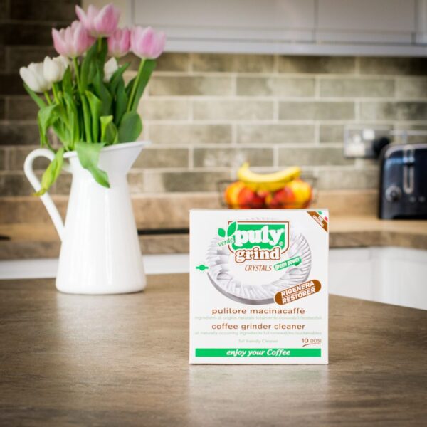 boxed puly grind cleaning crystals on kitchen worktop