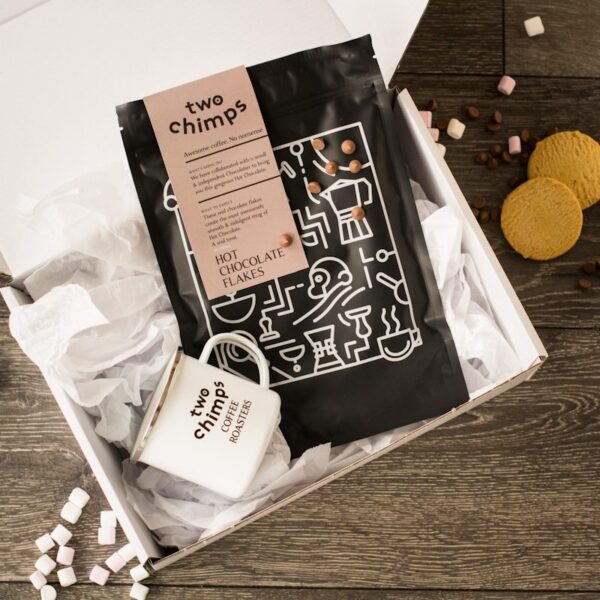 birds eye view of two chimps hot chocolate flakes with a two chimps mug in a white gift box