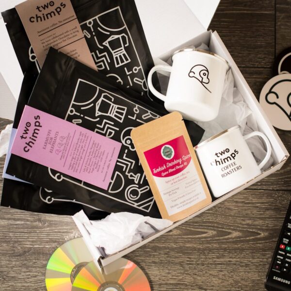 birds eye view of movie night coffee and hot chocolate gift set in a white gift box