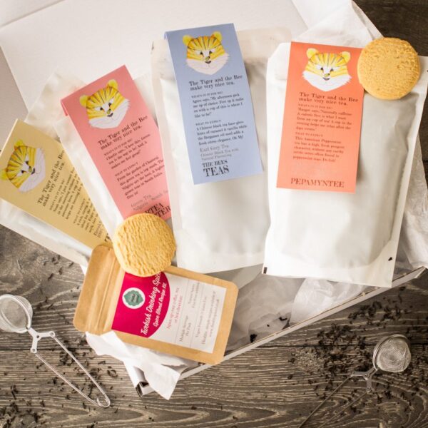 birds eye view of four bags of loose leaf tea with a tea infuser and spice pouch in a white gift box