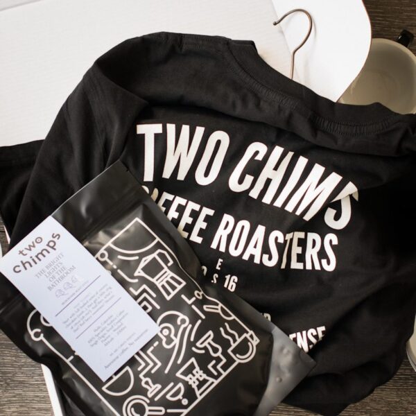 close up of two chimps coffee and t-shirt gift set