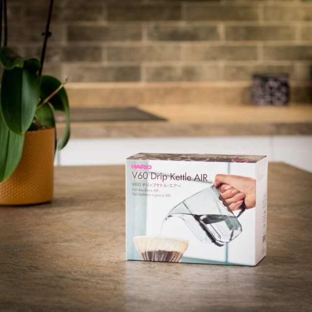 Hario air kettle in box on kitchen worktop