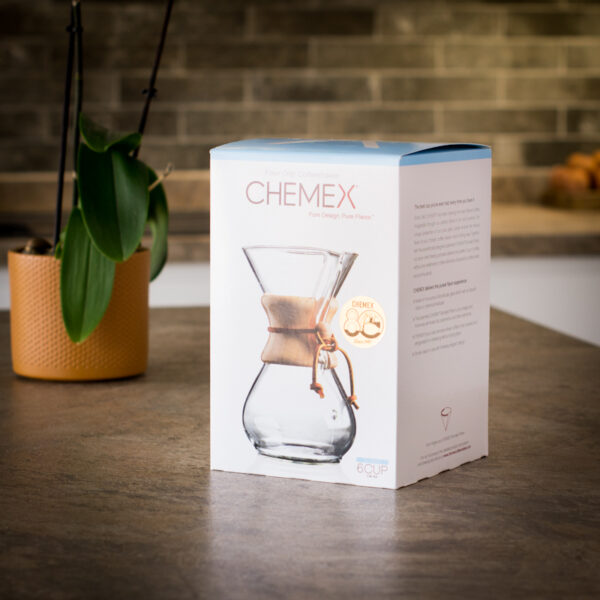 boxed chemex 6 cup coffee maker on kitchen worktop