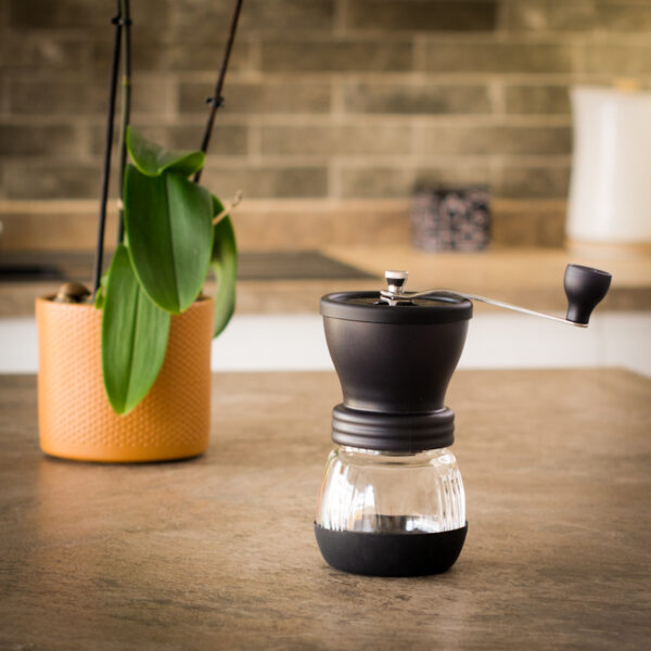 Unboxed grinder on kitchen worktop available to purchase from the Two Chimps shop