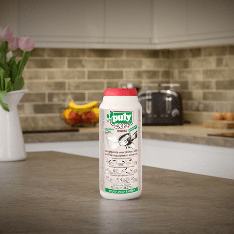puly coffee machine cleaning powder on kitchen worktop