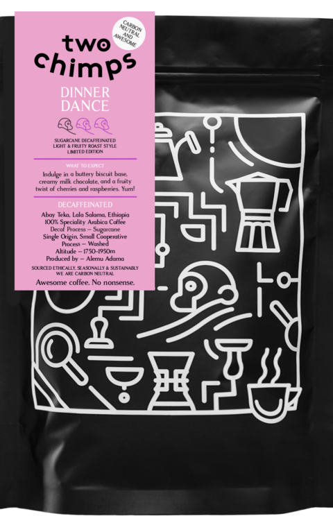 A picture of Dinner Dance Two Chimps Decaffeinated Coffee bag