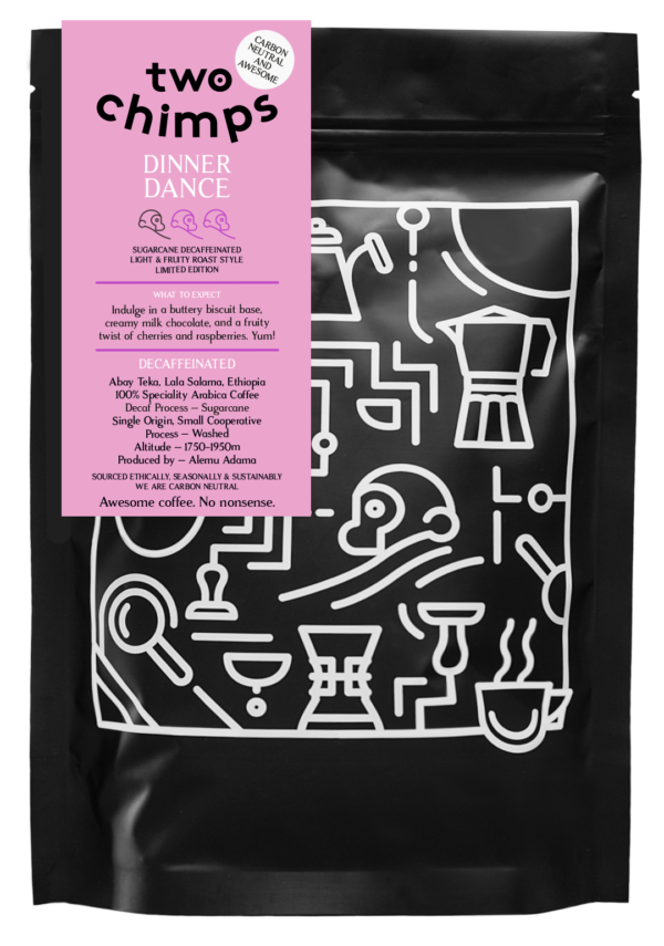 A picture of Dinner Dance Two Chimps Decaffeinated Coffee bag