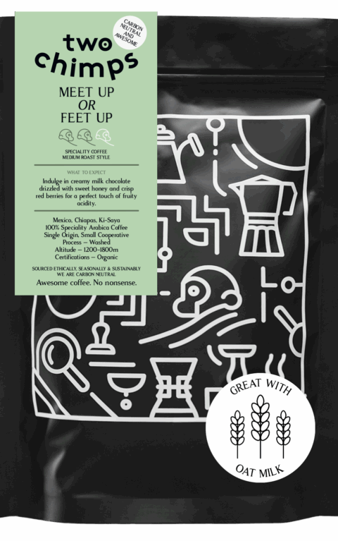 Bag of Two Chimps Coffee, Meet up or Feet up