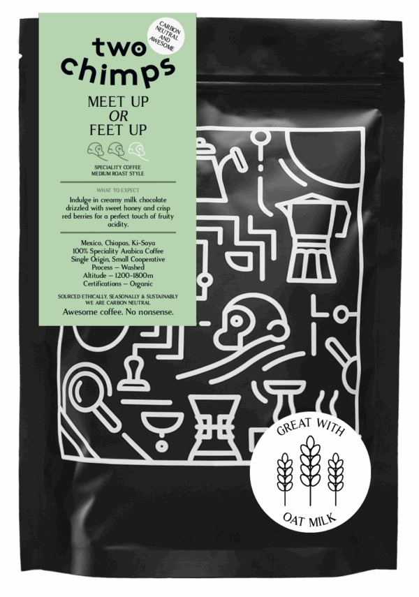 Bag of Two Chimps Coffee, Meet up or Feet up