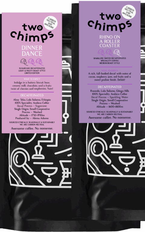 A picture of two coffee bags Dinner Dance & Rhino On A Roller Coaster which are included in Two Chimps mystery decaf subscription