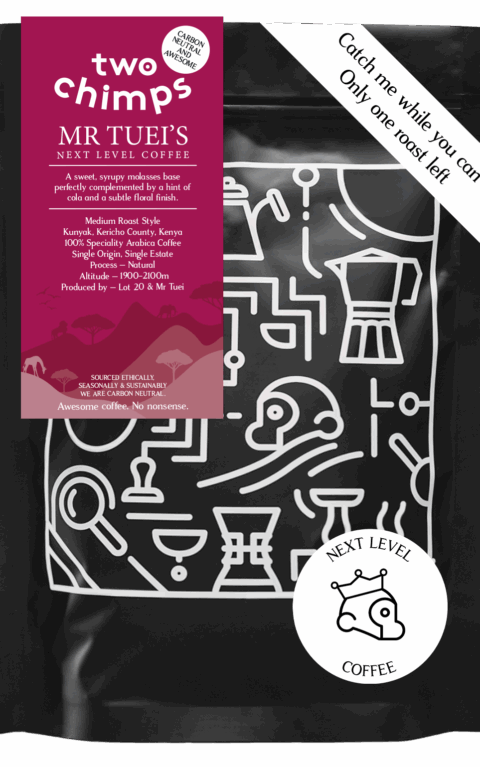 Bag of Mr Tuei's next level coffee with last roast banner