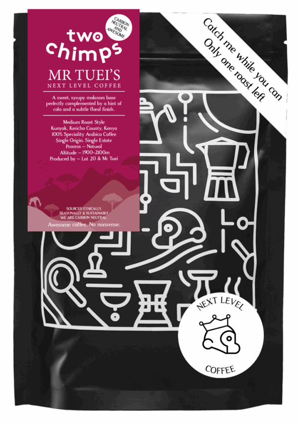 Bag of Mr Tuei's next level coffee with last roast banner